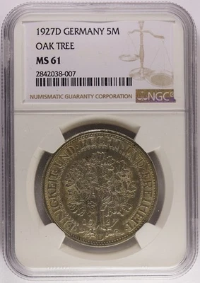 1927D 5 Reichsmarks Weimar Oak Tree NGC MS61 KM# 56 - Image 1 of 2