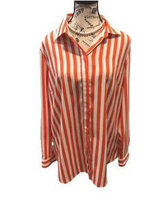 Coldwater Creek Large Sz 14 Orange White Stripe Beachy Button Down Blouse L/S - Picture 1 of 6