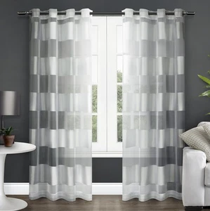 Navaro Striped Sheer Grommet Top Curtain Panel Pair, 54"x84", Winter White - Picture 1 of 7