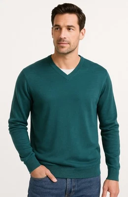 Suéter Jos A Bank Para Hombres L Verde Firma Colección Lana Merino Pullover Cuello en V Foto 1 de 4