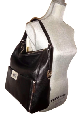 Michael Kors Sloan Women's MK Large Shoulder Bag Black Leather Silver 38H4XSLL3L - Image 1 of 4