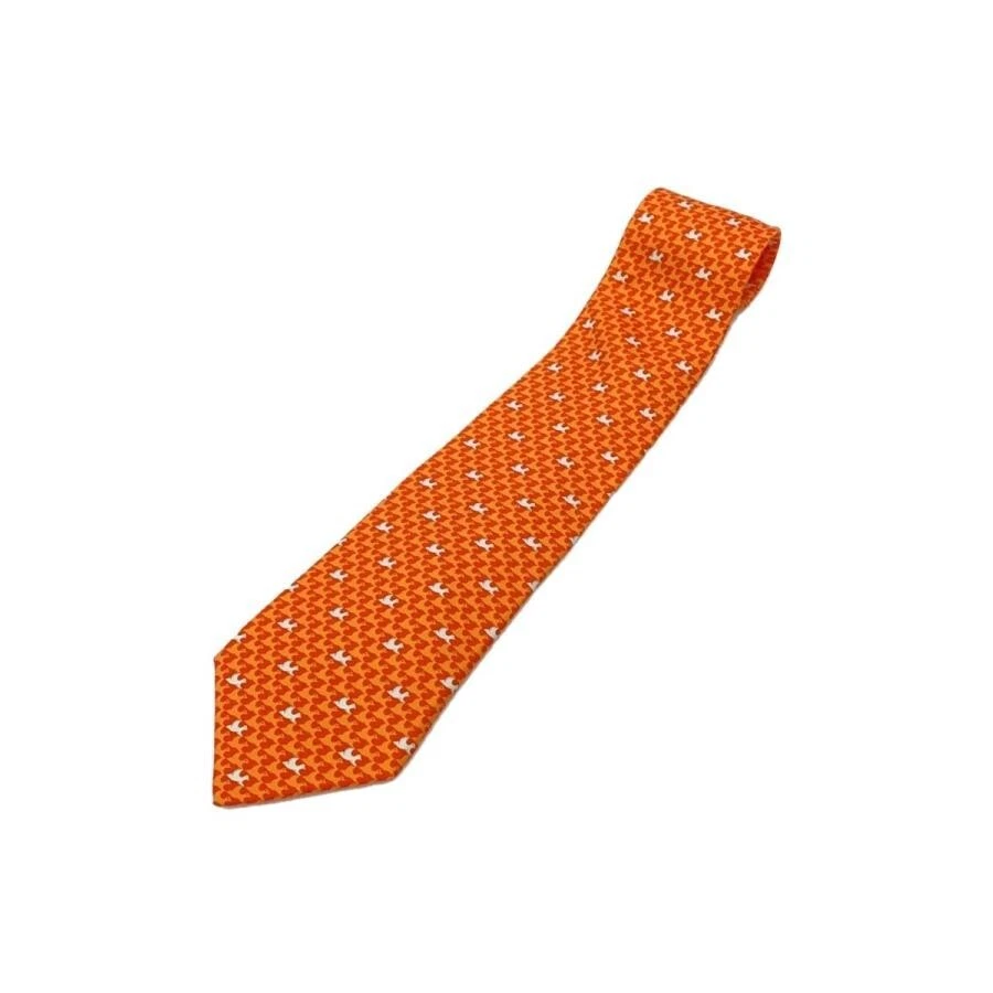 Gravata de pescoço HERMES seda laranja vermelho logotipo vendedor japonês N0122 35 Fabricada na França - Imagem 1 de 4