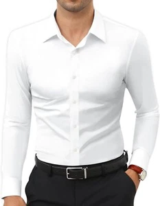 Stretch Mens Dress Shirts Long Sleeve Slim Fit Dress Shirts for Men Muscle Fit W - Picture 1 of 26