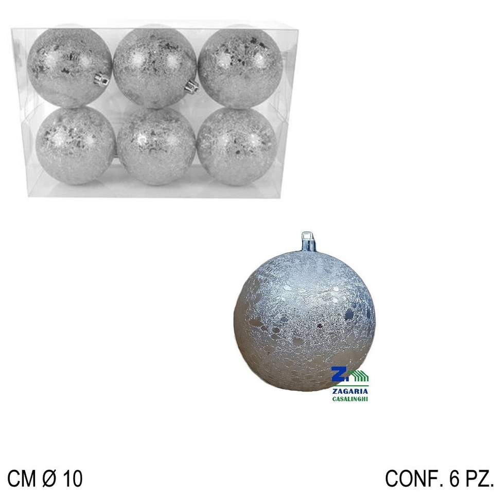 SET 6 PALLE PALLINE PER ALBERO DI NATALE DIAM. CM 10 COLORE ARGENTO IN PVC - Immagine 1 di 1
