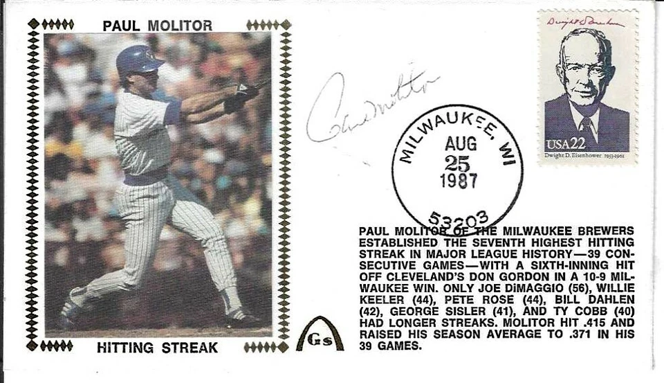 Paul Molitor Milwaukee Brewers Autographed 1987 Hitting Streak First Day Cover - Image 1 of 1
