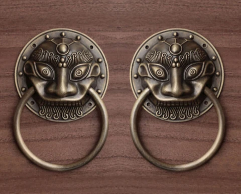 Dld copper statue A Pair Lucky foo dog lion Rare door Archaic Door Knocker 7.7cm Cover