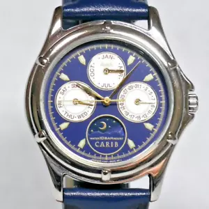 SEIKO ALBA CARIB Watch V33F-6B80 1992 Blue Navy Sun & Moon Triple Calendar Japan - Picture 1 of 8