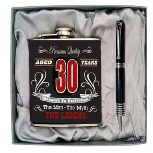 30th Thirtieth Birthday Milestone Black Stainless Steel Hip Flask, Pen Gift Box - Picture 1 of 1