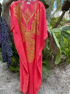 Women's Pink Floral Maxi Caftan Kimono Loose Resort Wear Cover Up Kaftan 2XL