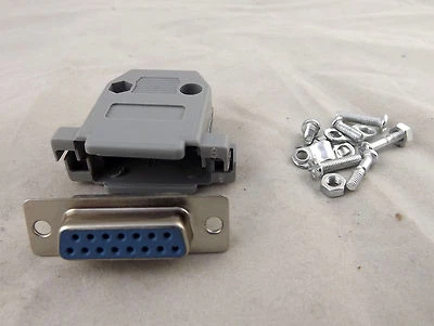 D-Sub DB15 15 Pin 2 Rows Female Jack Connector Gray Plastic Hood Cover Backshell - Image 1 of 4