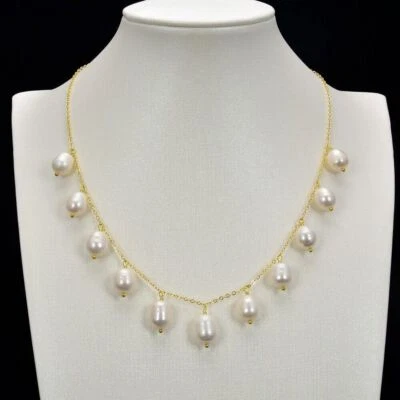 Collar Colgante Cadena Oro Perla Arroz Agua Dulce Blanco Natural 11-12mm 18" Foto 1 de 4