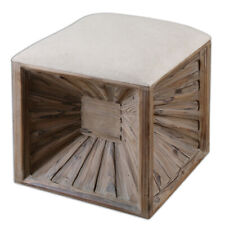 Uttermost 23131 Jia 19 inch Weathered Fir Wood and Neutral Linen Wooden Ottoman