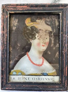 Pintura al revés de arte popular francés del siglo XIX sobre vidrio de una dama, Le Jeune Cisilienne - Imagen 1 de 5