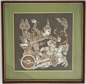 Framed Painting On Black Silk Krishna Guiding Arjuna's Chariot 39cm x 39cm Hindu - Bild 1 von 21