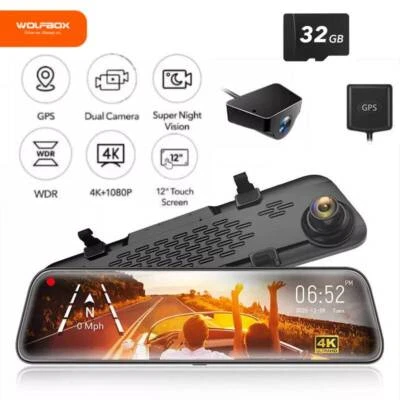 WOLFBOX G840S 12“ 4K Mirror Dash Cam Front and Rear View Dual Cameras Free SD - Image 1 of 4