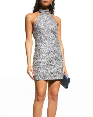 SHO BY TADASHI SHOJI 8 Silver/Gray Sequin Lace Halter Mini Dress NWT $248 - Image 1 of 4