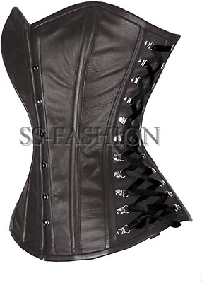 Para mujer Cuero Genuino Acero Huesado Entrenador de Cintura Resistente Corsé con Cordones Laterales Foto 1 de 4