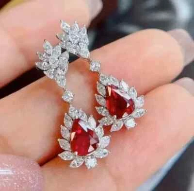 4.00Ct Pear Lab Created Red Ruby Halo Drop/Dangle Earrings 14K White Gold Plated - Image 1 of 4