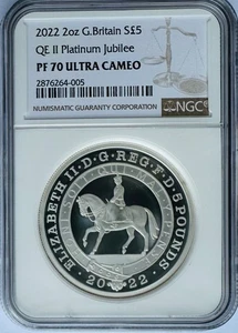 2022 Great Britain 2oz Silver £5 QE II Platinum Jubilee NGC PF-70 UCAM - Picture 1 of 4