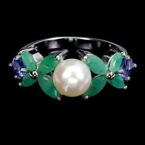 925 Sterling Silver Ring Marquise Emerald Tanzanite Pearl Gemstone Jewelry Sz 6 - Picture 1 of 14