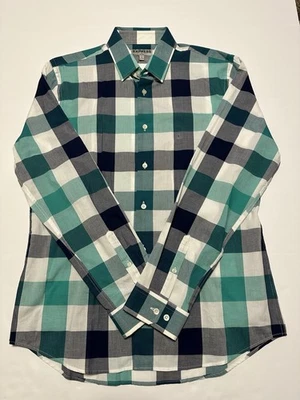 Express Fitted Mens Dress Shirt Sz L (16-16 1/2) Plaid Green Gray White Blue - Image 1 of 4