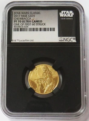 2017 GOLD NIUE $25 CHEWBACCA 1/4oz STAR WARS CLASSIC NGC PF 70 UC 1 OF FIRST 60 - Image 1 of 2