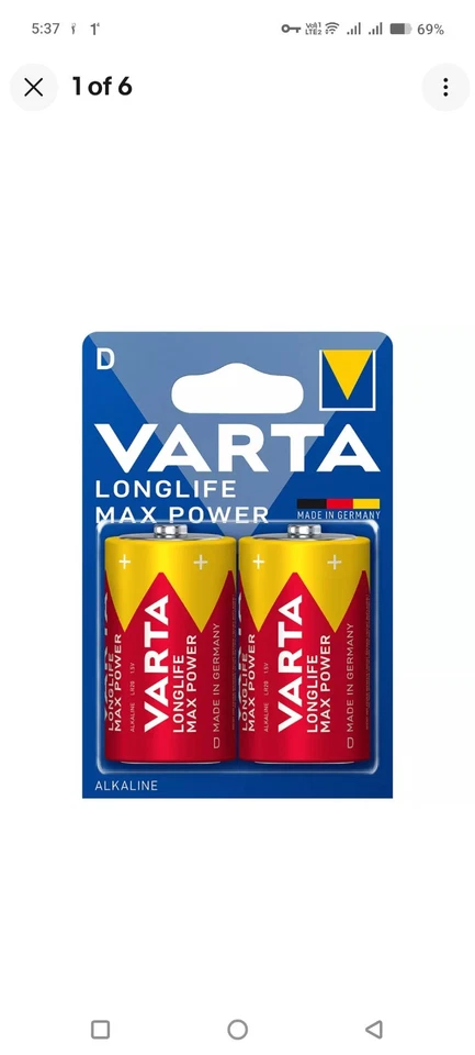 Baterías alcalinas Varta Longlife Max Power D LR20 1,5 V X 2 *Alto rendimiento*... Foto 1 de 1
