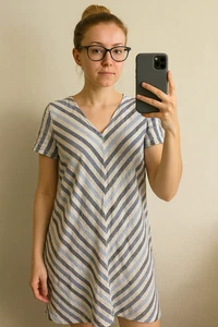 Next Petite blau & weiß gestreiftes Etuikleid Leinenmischung Größe 14P | V-Ausschnitt - Bild 1 von 7