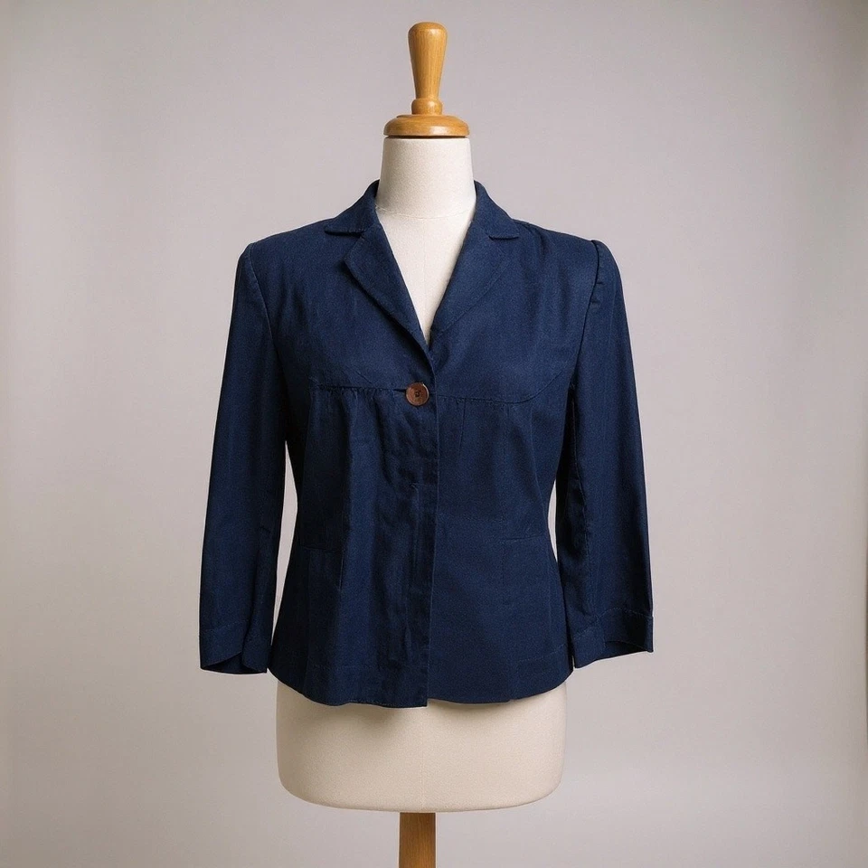 Chaqueta Top Madison Studio 100% Lino Ligera Talla 6 Azul Marino Manga 3/4 Un Botón Foto 1 de 4