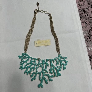 Amrita Singh Necklace Coral Reef Teal Gold Tone Enamel Bib Statement Blue Big - Picture 1 of 6