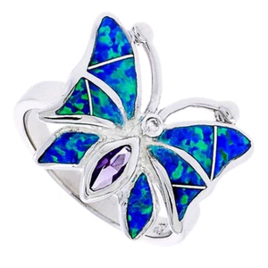 Fine Women Silver Rhodium Plated Opal Inlay Purple CZ Butterfly Ring 16mm - Picture 1 of 1