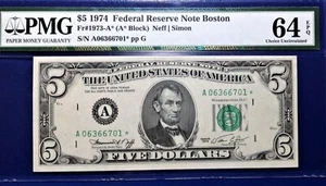 1974 $5 Federal Reserve Note Fr-1973-A*Boston PMG64 Choice EPQ - Picture 1 of 4