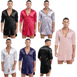 Mens Satin Silk Nightshirt Sexy Sleepwear Casual Sleep Shirt Half Sleeve AU - Picture 1 of 65