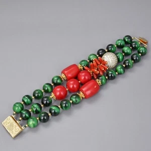 8" 3 Strands Green Tigers eye Red Shell Coral Cz pave beads Bracelet For Women - Picture 1 of 6