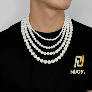 6/8/10/12mm Blanco Perfecto Redondo Perla Collar Cadena Hombres Mujeres Hip Hop 16-30" - Imagen 1 de 10