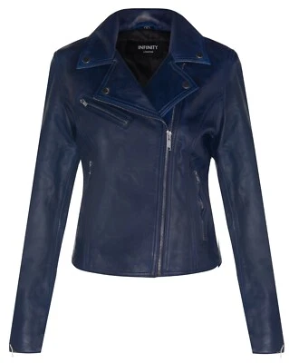 Ladies Leather Biker Jacket Classic Navy Blue Real Lamb Nappa Gothic Jacket - Image 1 of 4