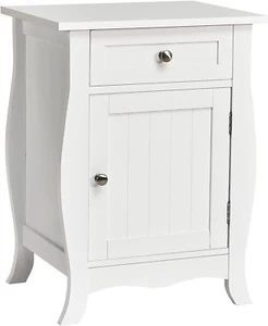 Weißer Beistelltisch, Nachttisch aus Holz mit Schublade und eintürigem Schrank, Metallkn - Bild 1 von 9