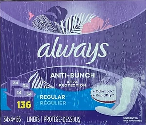 Forros diarios Always Anti-Bunch Xtra Protection, longitud regular, sin perfume-136 quilates - Imagen 1 de 1