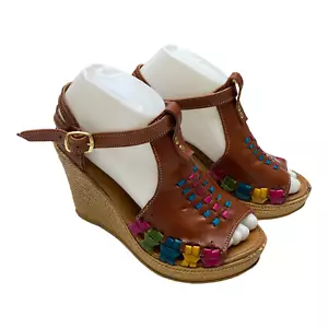 NEW Designer Women's Brown Leather Open-Toe Wedges Size 7 B5 - Picture 1 of 4