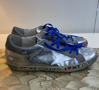 Golden Goose Superstar Grey Metallic Silver Blue Leather Sneakers - Image 1 of 4