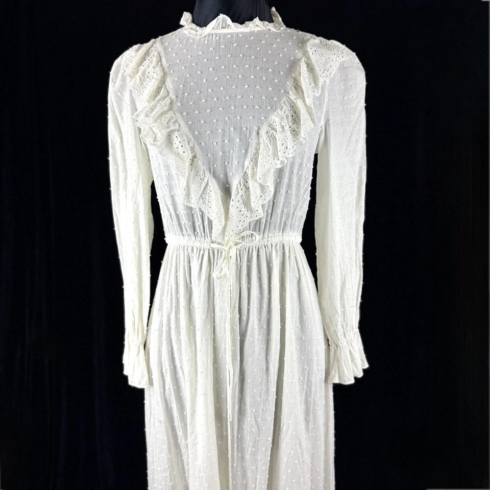 Halloween Costume Prairie Wedding Dress S/M White Dotted Swiss Maxi Long Sleeves - Image 1 of 4