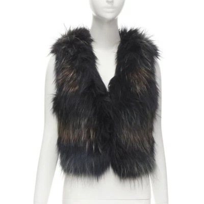 METEO YVES SALOMON black brown green racoon fur vest jacket IT36 XS - Image 1 of 4