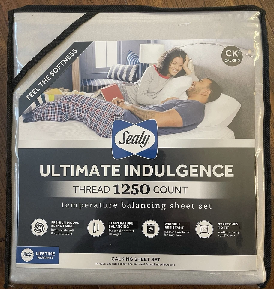 SEALY ~ Gris - Ultimate Indulgence 1250 Thread Count JUEGO DE SÁBANAS CAL KING *NUEVO Foto 1 de 2