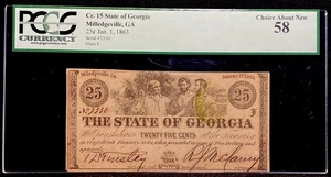 GEORGIA 1863 Milledgeville 25c Rare Civil War Obsolete Banknote Currency PCGS 58 - Picture 1 of 4
