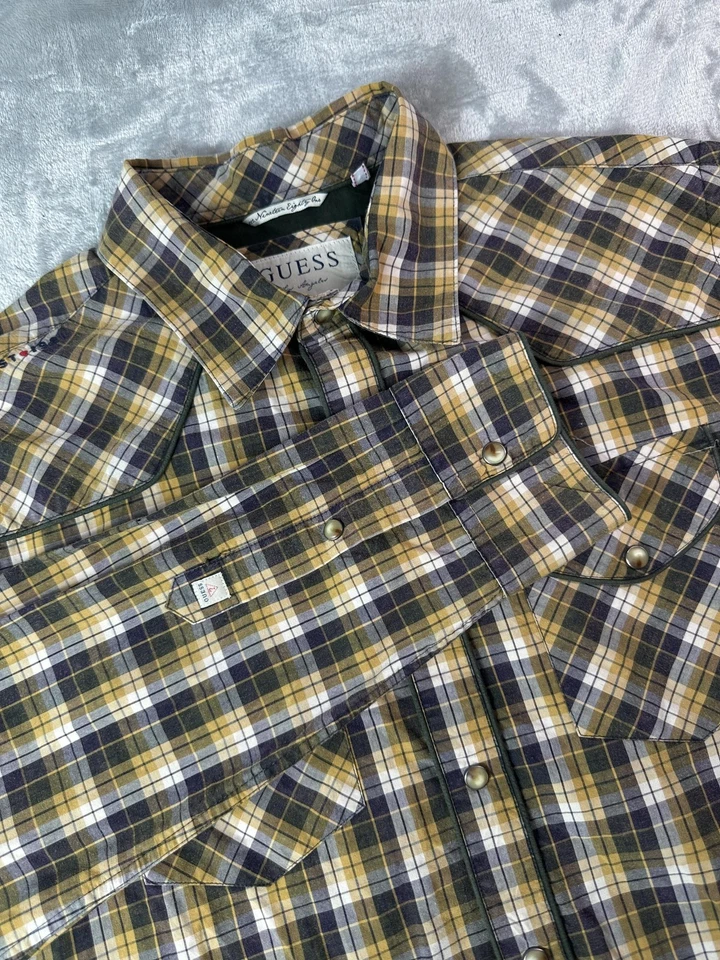 Guess Shirt Mens Medium Yellow Black Plaid Western Pearl Snap Yoke Long Sleeve - Image 1 of 4