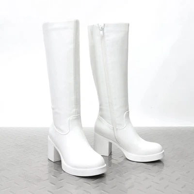 Women Knee High Boots Chunky Platform Heel Round Toe Gogo Boots - Image 1 of 2
