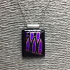 Fused glass sterling silver 925 rectangle pendant on chain necklace black purple
