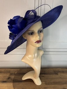 Snoxell Gwyther Navy Oval Sinamay/Feather Flower Wide Brim Occasion Fascinator - Picture 1 of 21