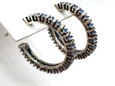 Sterling Silver Blue CZ Half Hoop Post Earrings 24 mm Round - Image 1 of 4