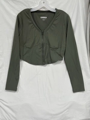 NWT FOREVER 21 Army Green Womens XL Crop Top Full Zip Athletic Shirt Long Sleeve - Image 1 of 4